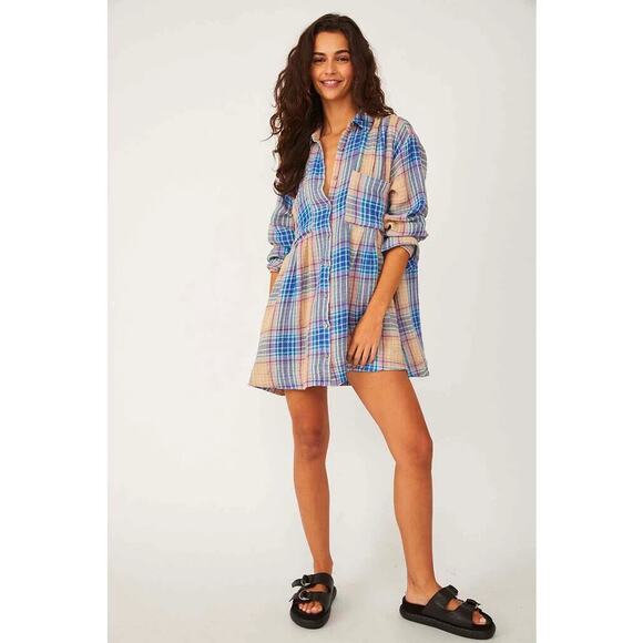 Free People The Voyage Shirtdress Gauze Plaid Blue in Sunrise Combo Size XS - Picture 2 of 14